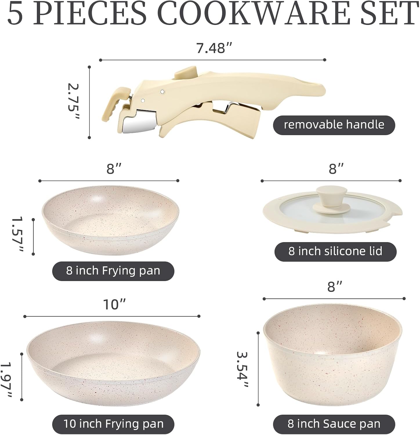Ceramic Pots and Pans Set Non Stick, Nonstick Kitchen Cookware Sets, Non Toxic Pots and Pans Set Non Stick, PFAS PFOA & PTFE Free, Detachable Handle Pots and Pans 5 Pieces