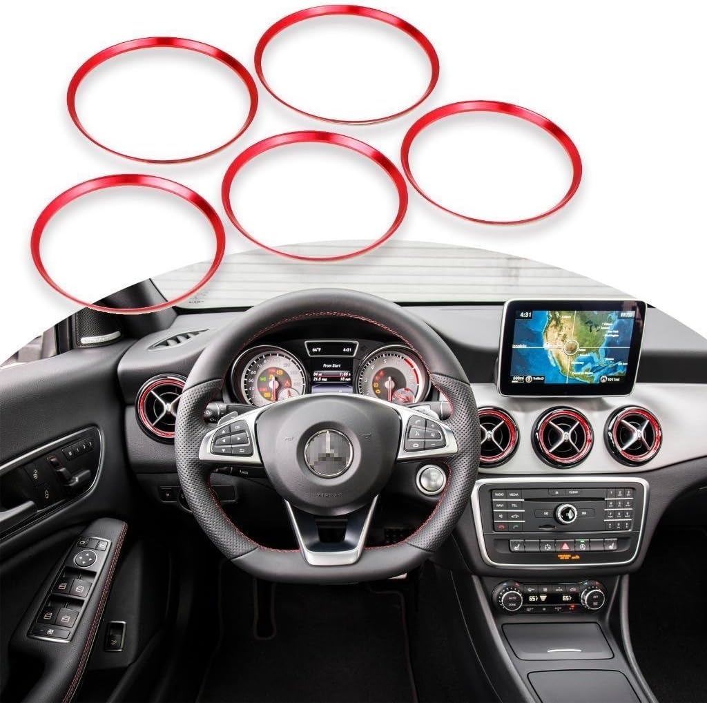 Aluminum Air Conditioner AC Air Outlet Vent Front Side Outer Rings Trim Decoration Cover Compatible with Mercedes Benz A B CLA GLA Class W176 W246 C117 X156 (Sporty Red) -5PCS