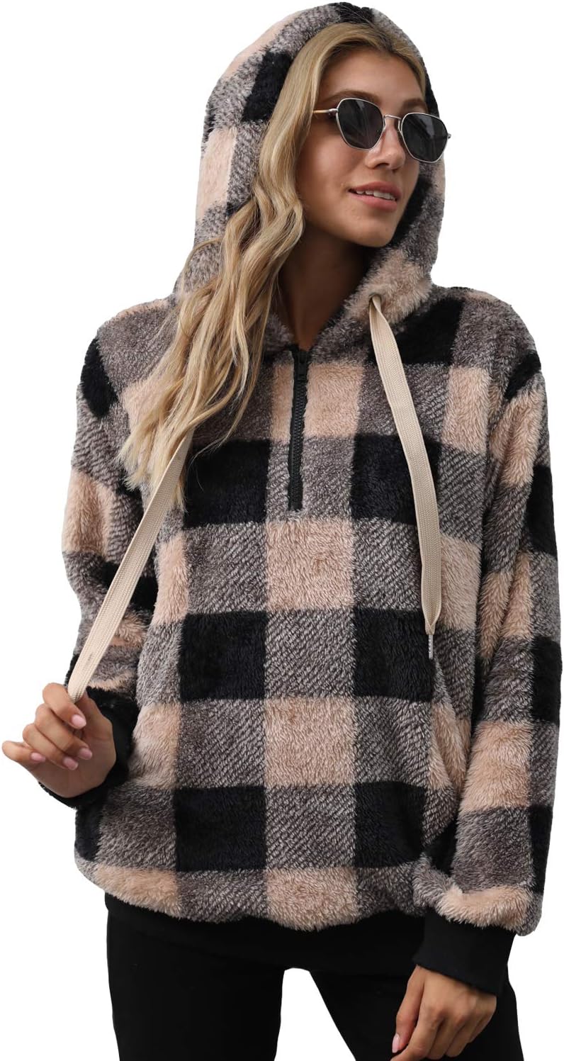 ReachMe Womens Oversized Sherpa Pullover Hoodie with Pockets Fuzzy Fleece Sweatshirt Plaid Fluffy Jacket Coat - Image 2