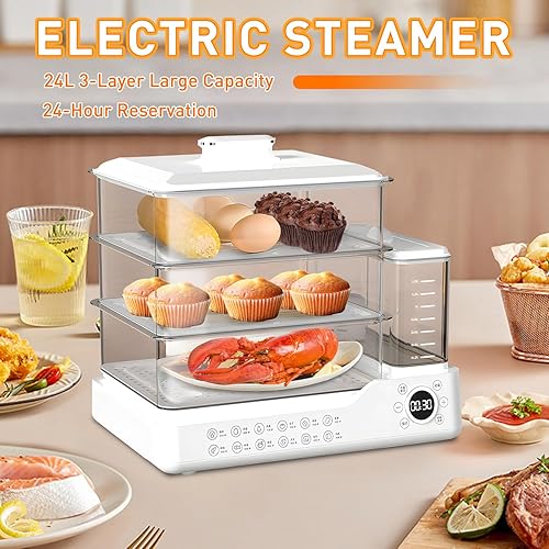 Miniatura 2 de Vaporizador eléctrico de 24 L, vaporizador de alimentos de 3 niveles, vaporizador comercial de acero inoxidable con tanque de agua desmontable,