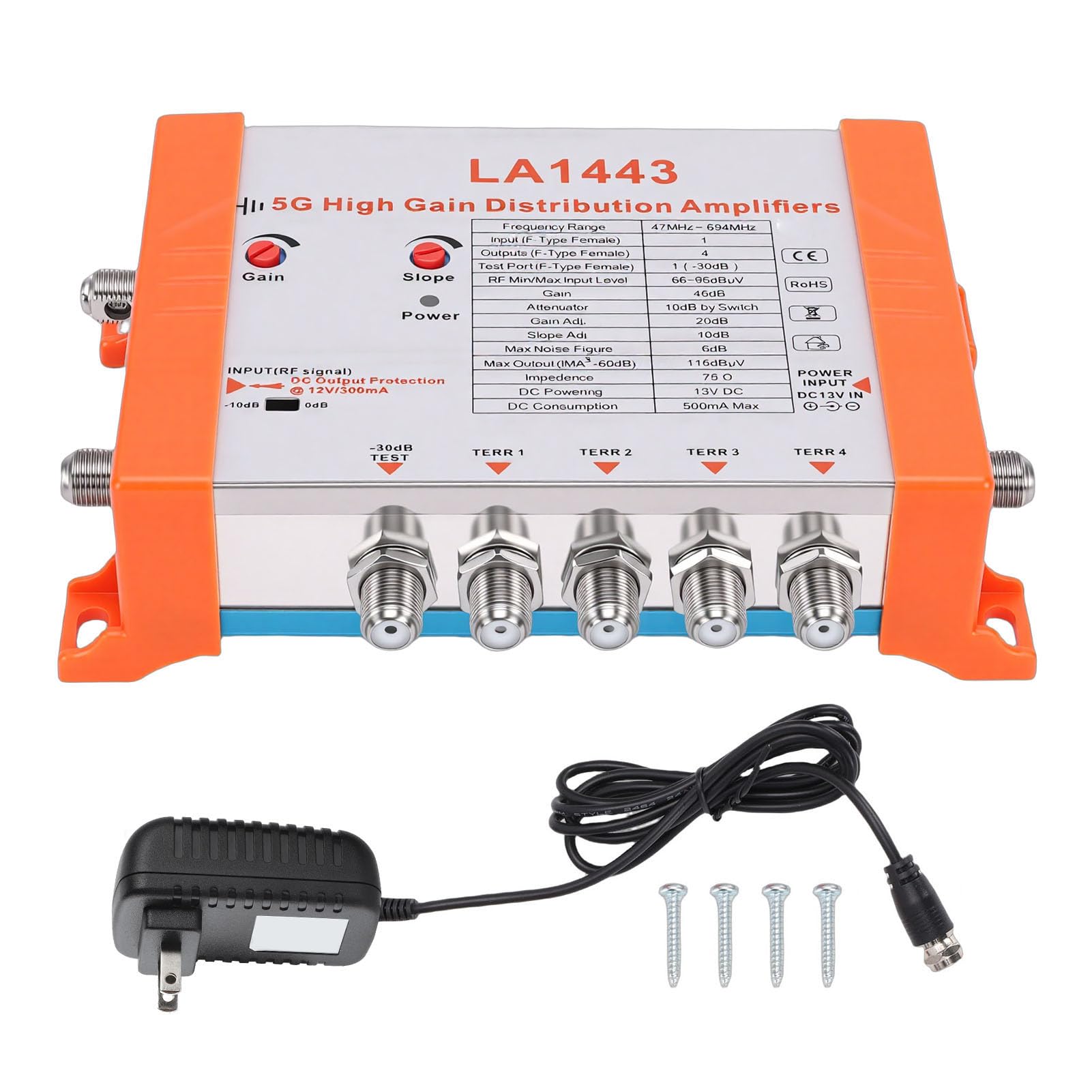 Amplificador de distribución modulador de TV de 4 canales, 45 dB de alta ganancia con IRS en cascada y filtro 5G LTE, para divisor de señal de antena de TV por cable (enchufe de EE. UU.)
