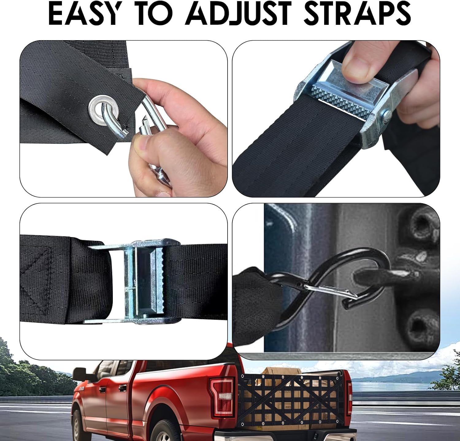 Heavy Duty Tailgate Net for Truck Bed, Cargo Net with 4 Adjustable Buckle Straps, Durable Nylon Tailgate net Compatible with Jeep, Pickup, Truck, Boat, SUV, 59" x 18"