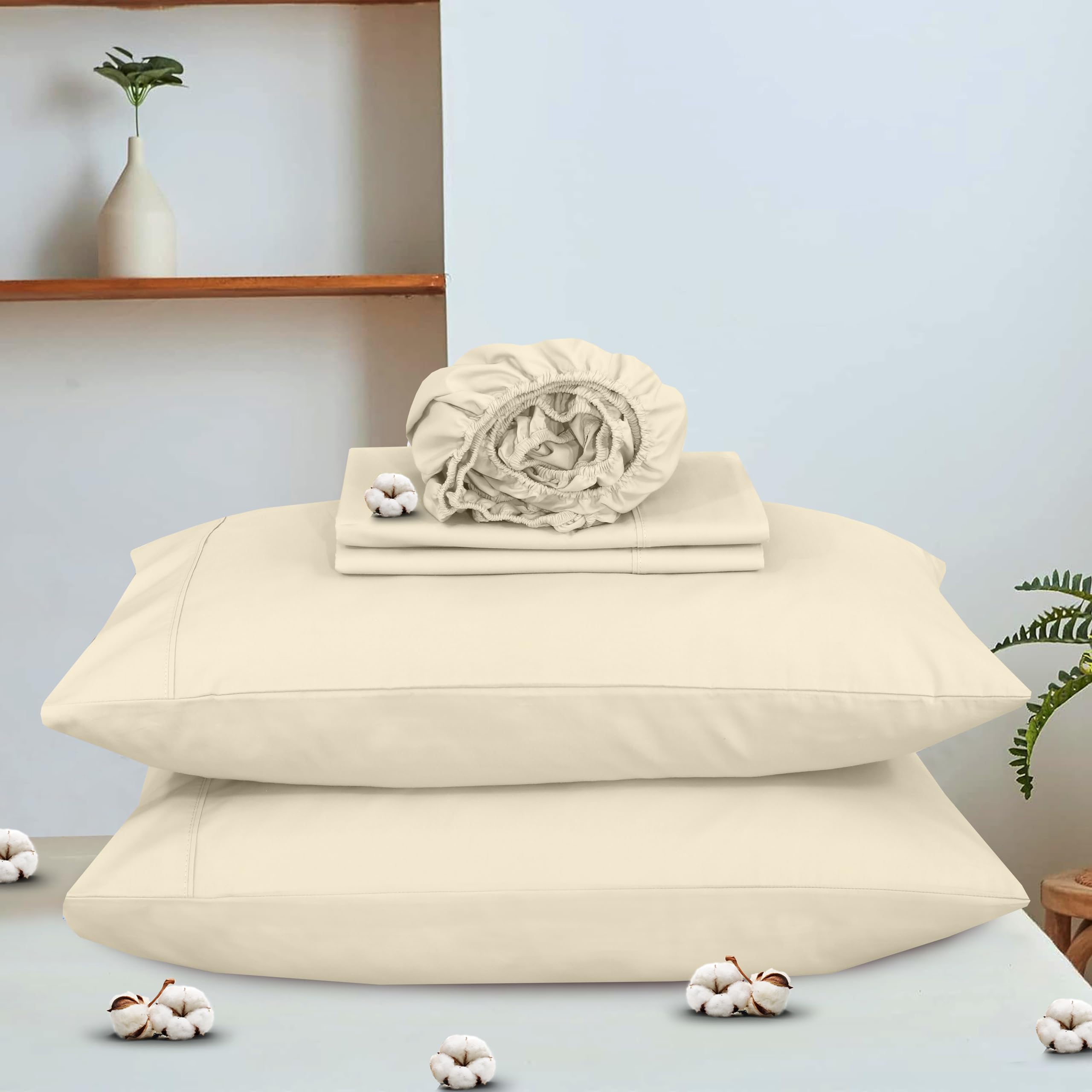 Ruvanti Set di lenzuola in 100% cotone biologico per letto matrimoniale, 4 pezzi, biancheria da letto in percalle morbido e traspirante, con tasca profonda standard alberghiera da 40,6 cm, sensazione