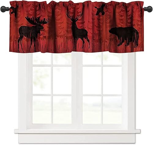 Cenefa de Cortina de Cocina de Oso y Ciervo, Cenefa de Ventana Geométrica Rústica de Bosque Alce Oso País Caza Vida Silvestre Vintage Granero de