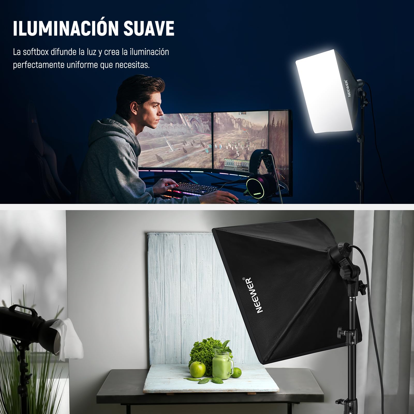 NEEWER 40x40cm Kit de iluminación Softbox con Bombilla LED de 35W E27 (EU Plug) Certificación CE y UKCA, Soporte de luz de 180cm para luz fotografía Grabación de Video TikTok Live Streaming,SF40