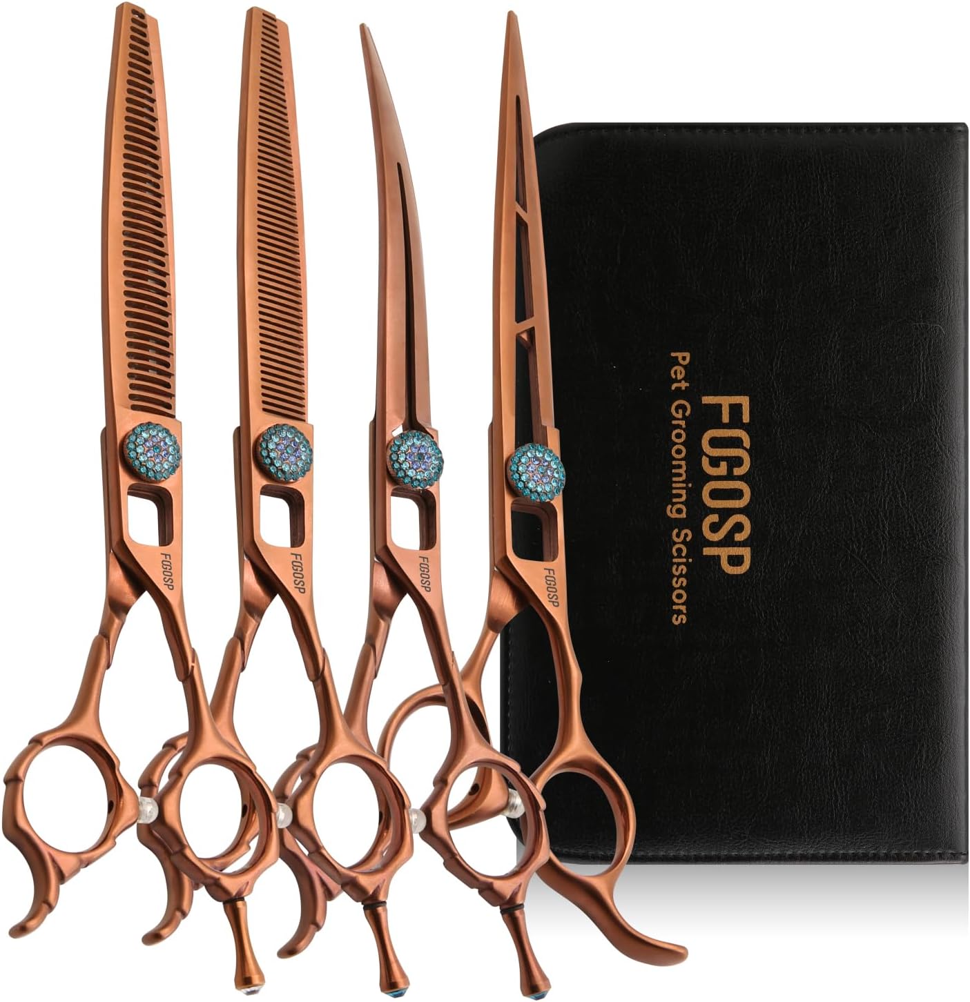 7.5'' Dog Grooming Scissors Set 4PCS Curved Thinning Straight Chunkers Shears Kit with Hollow Out Design Ergonomic Offset Handle High Cobalt Alloy Steel Sharp and Durable(7.5, Chocolate Kit)