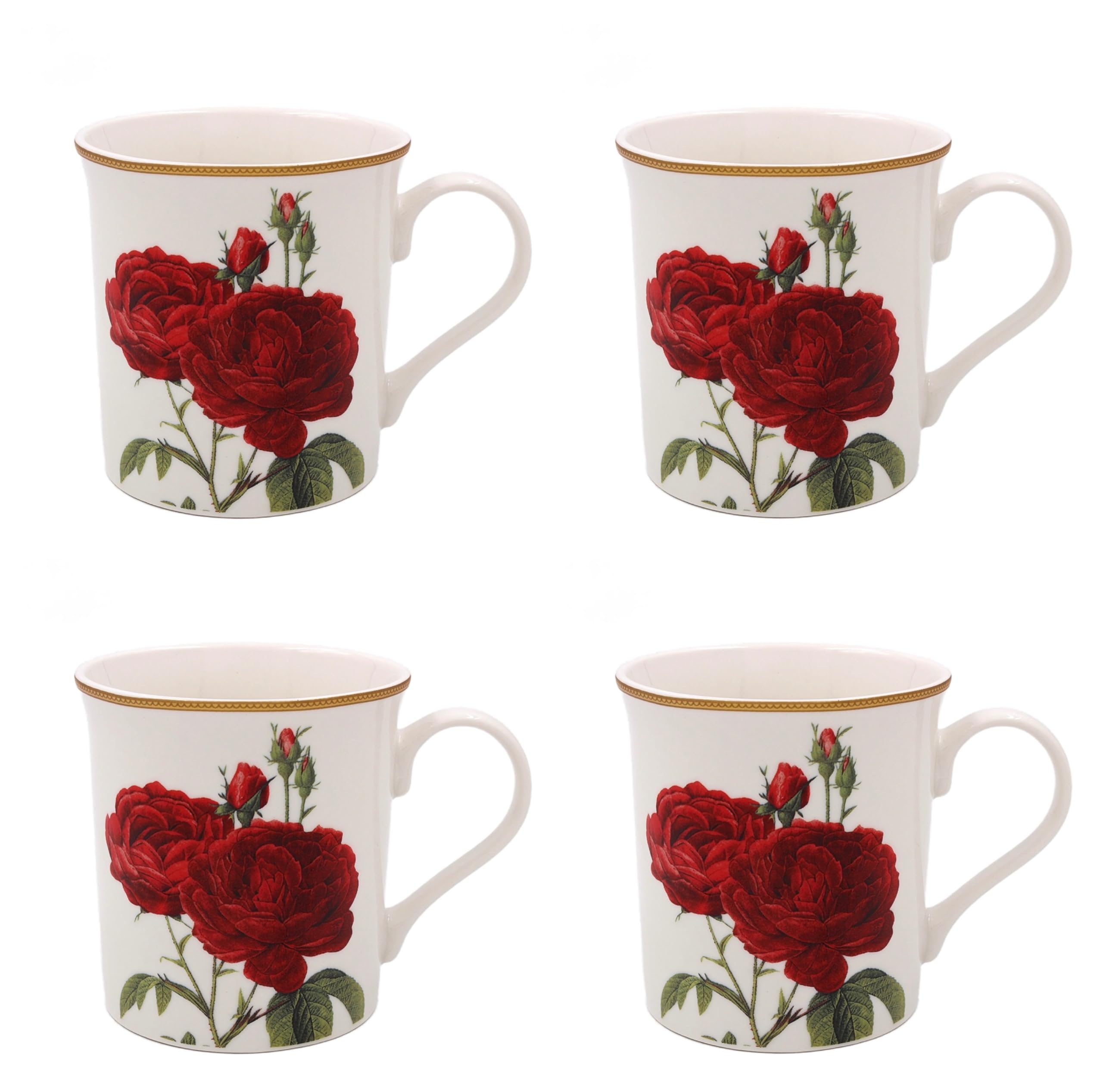 Tamersgifts Set of 4 Fine China Floral Mugs 300ml Flower Design Coffee & Tea Cups for Everyday Home Use (Red Rose)