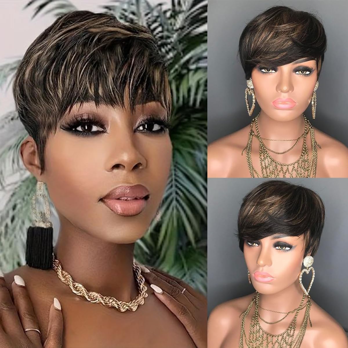 Glueless Human Hair Wigs Short Blonde Pixie Cut 150% Density Machine Made Lightweight for Black Women Daily Use (Black,6")