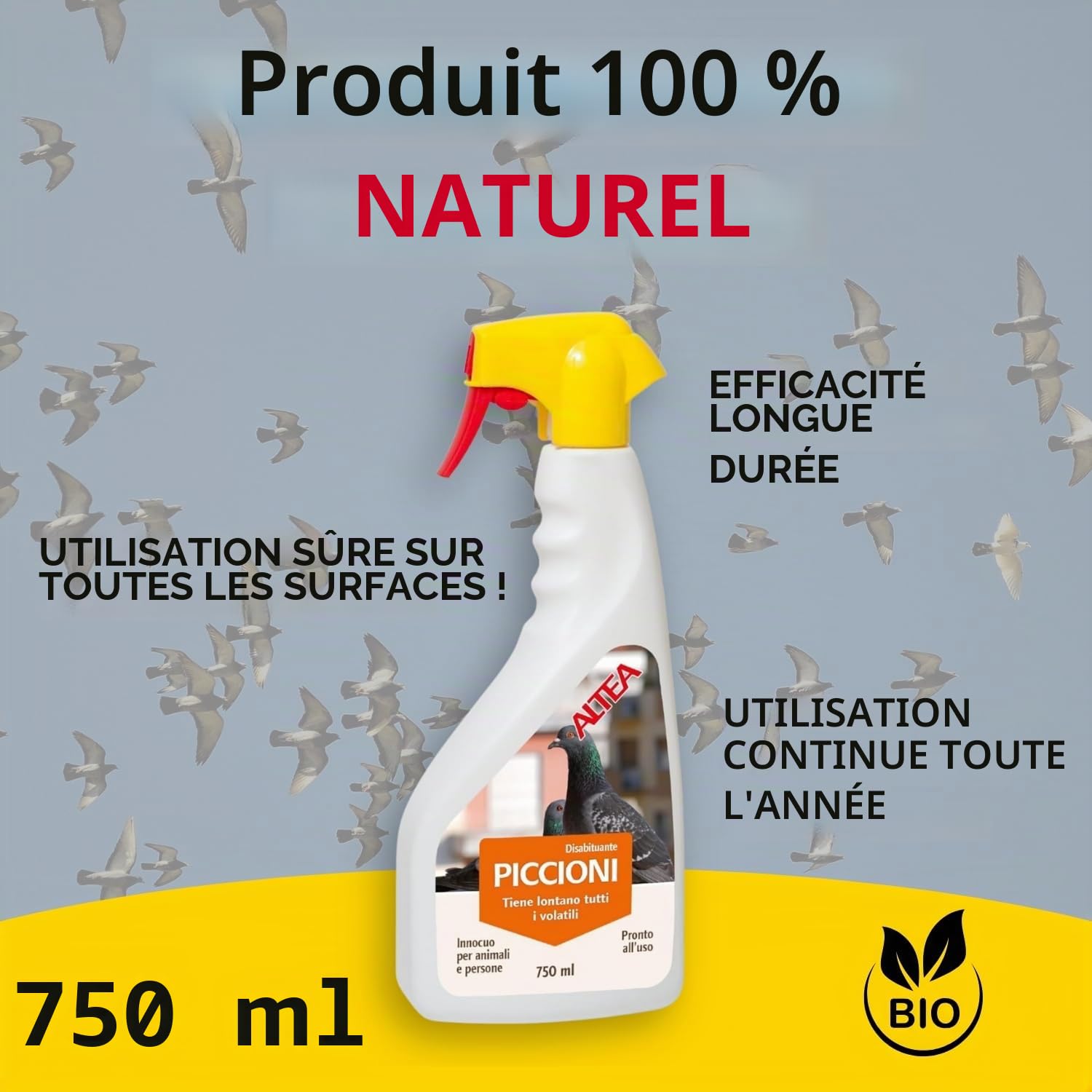 Altea Borne de pigeon, répulsif à pigeons longue durée, non nocif pour les humains et les animaux domestiques, éloigne les pigeons et les mouettes, spray prêt à l'emploi 750 ml