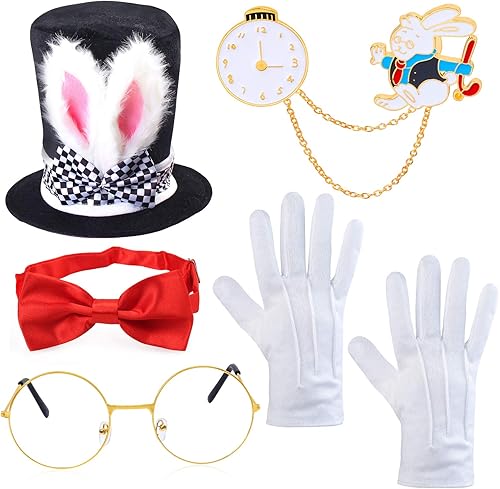 Yewong Disfraz de conejo blanco de Pascua, disfraz de sombrerero Mad - Accesorio de disfraz de conejo, incluye orejas de conejo, sombrero de
