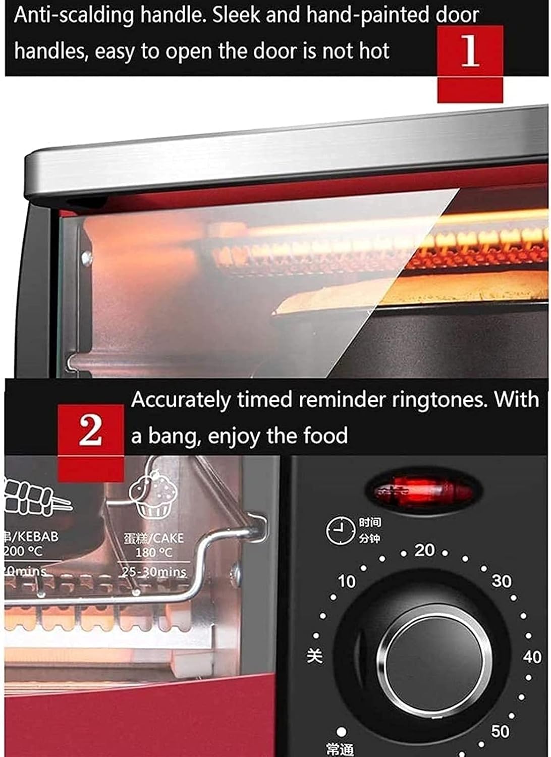 Tabletop Electric Oven Mini 12L Oven with Temperature Setting 0-230℃ and 0-60 Mins Timer, 1050W Double Glazed Door Toaster Oven Aesthetic and l
