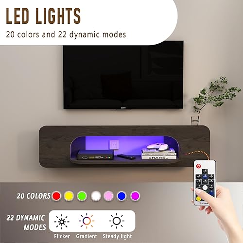 Miniatura 4 de Bixiaomei Soporte de TV flotante con luces LED, armarios de TV montados en la pared de 48 pulgadas con 1 estante abierto, consola central de