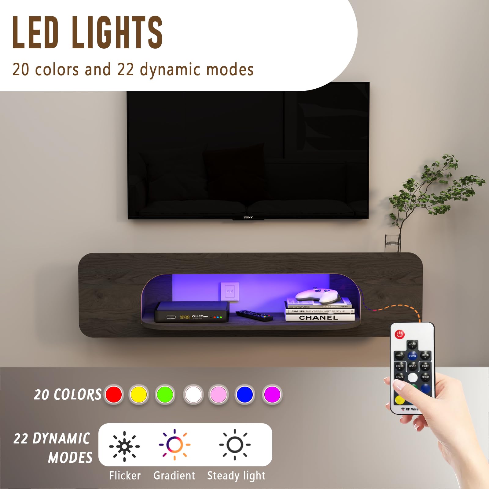 Pmnianhua Meuble TV Flottant 146 Cm Blanc Avec Lumières LED - Console Murale Moderne Avec Rangement Et Étagère Ouverte