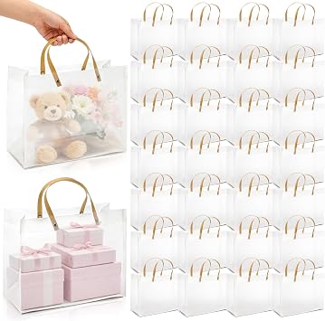 Cididu 30 Pcs Clear Plastic Gift Bags with Handles, 12.5x5.5x9.8 inch Large Tote Bag with Cardboard Bottom, Reusable Shoppping Bags for Mothers Day, Wedding, Party, Baby Shower, Boutique Packaging