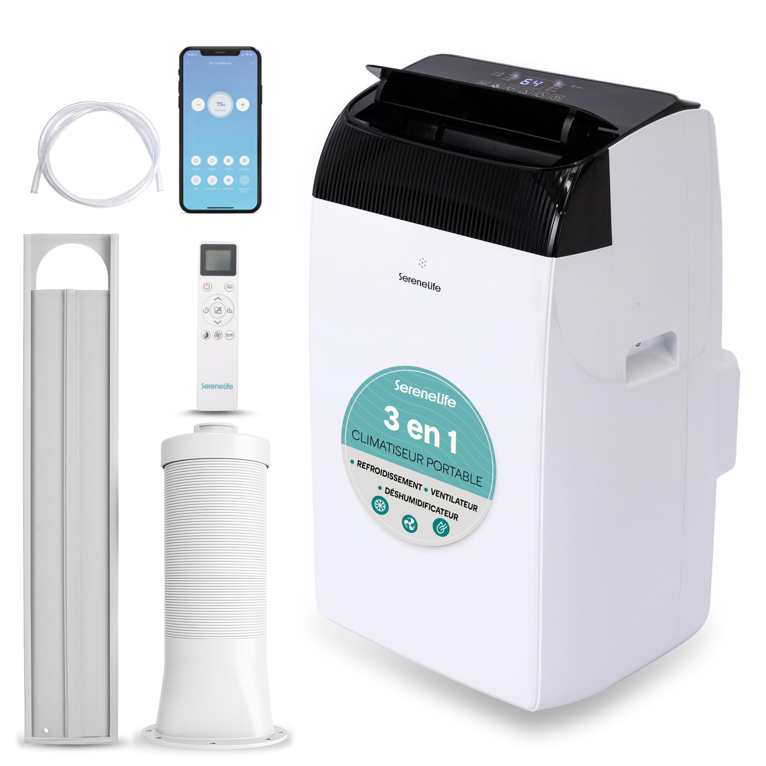 SereneLife Climatiseur Mobile 12000 BTU (3,52 kW), Wi-Fi, 3 En 1 Refroidissement, Déshumidification et Ventilation, Silencieux, Roulettes, Minuterie, Jusqu’à 40 m²