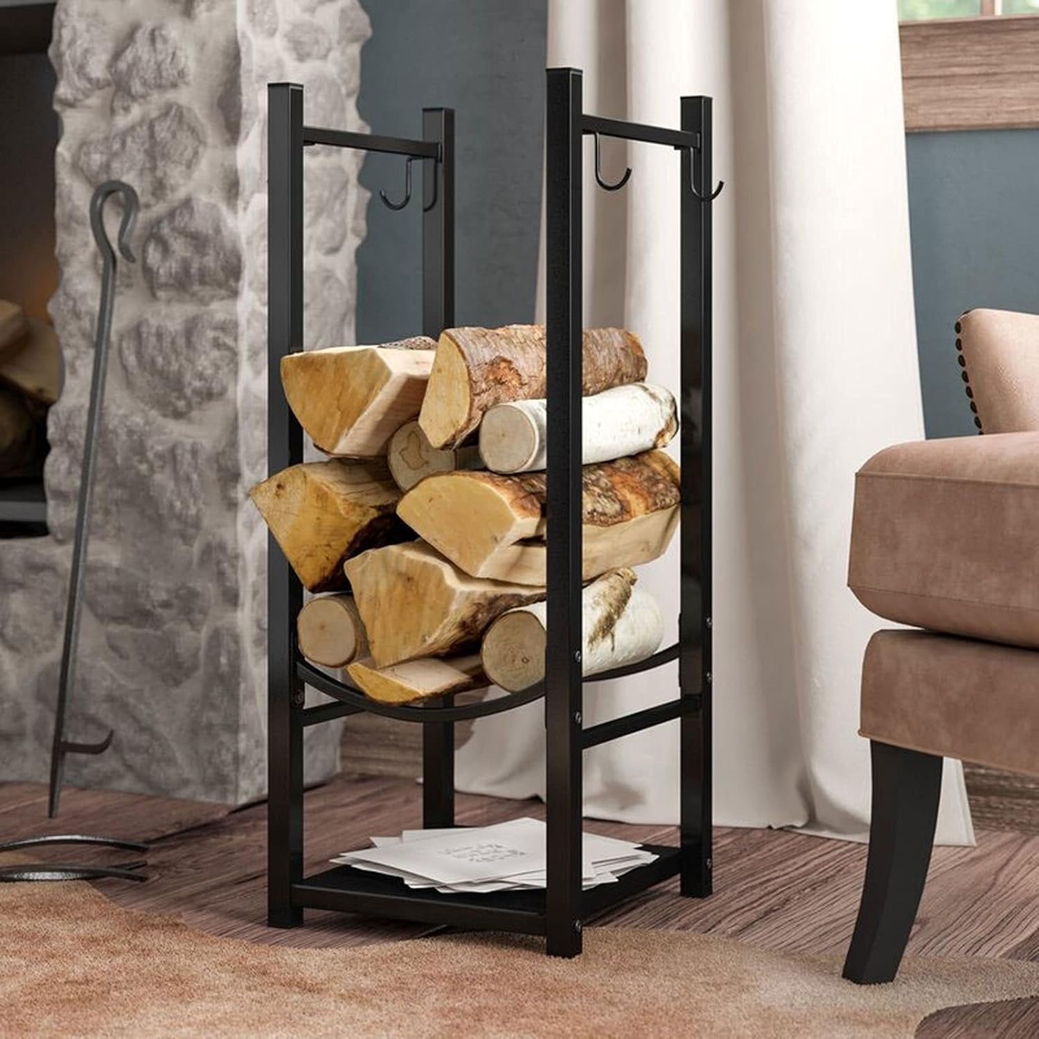 Heavy-Duty Wrought Iron Log Storage Heavy-Duty Firewood Logs and Wood Holder Fireplace Accessory Holder Log Holder Firewood Storage (Color : A) (Black)