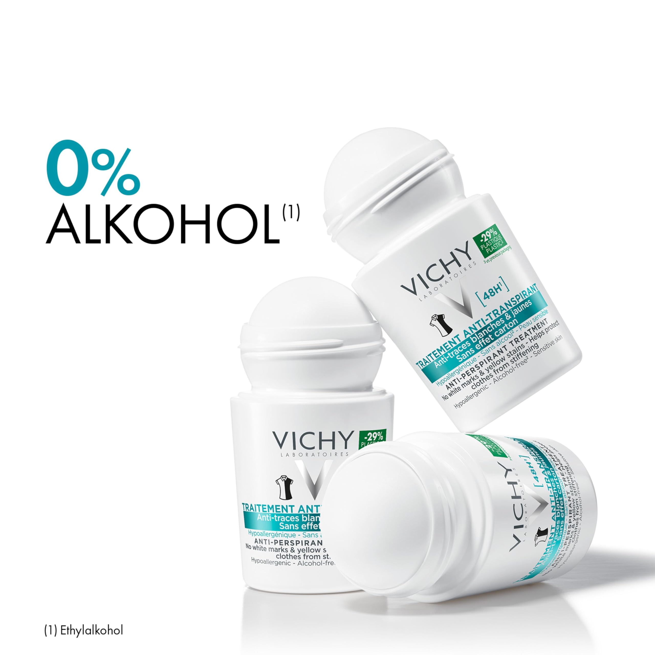Vichy Anti-Transpirant 48h gegen Flecken, Deo-Roll-on für Frauen und Männer, Schweiß- und geruchshemmend, Keine Spuren auf der Kleidung, Mit Thermalwasser aus Vichy, Für empfindliche Haut