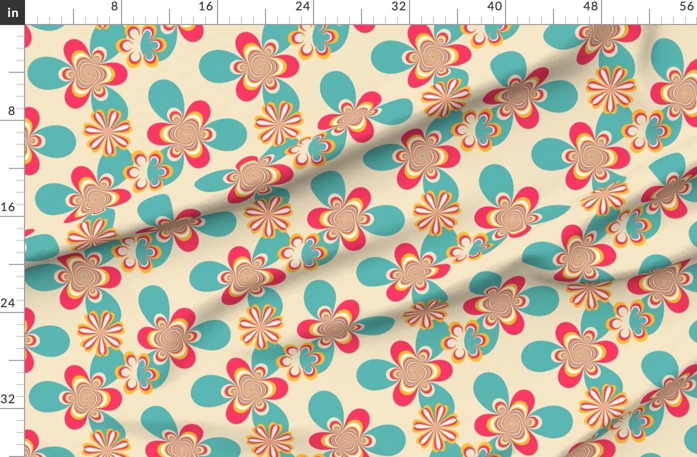 Spoonflower Fabric - Floral Teal Red Retro Orange Psychedelic Hippie 1960S Printed on Organic Cotton Sateen Fabric by The Yard - Sewing Quilting Apparel Home Decor
