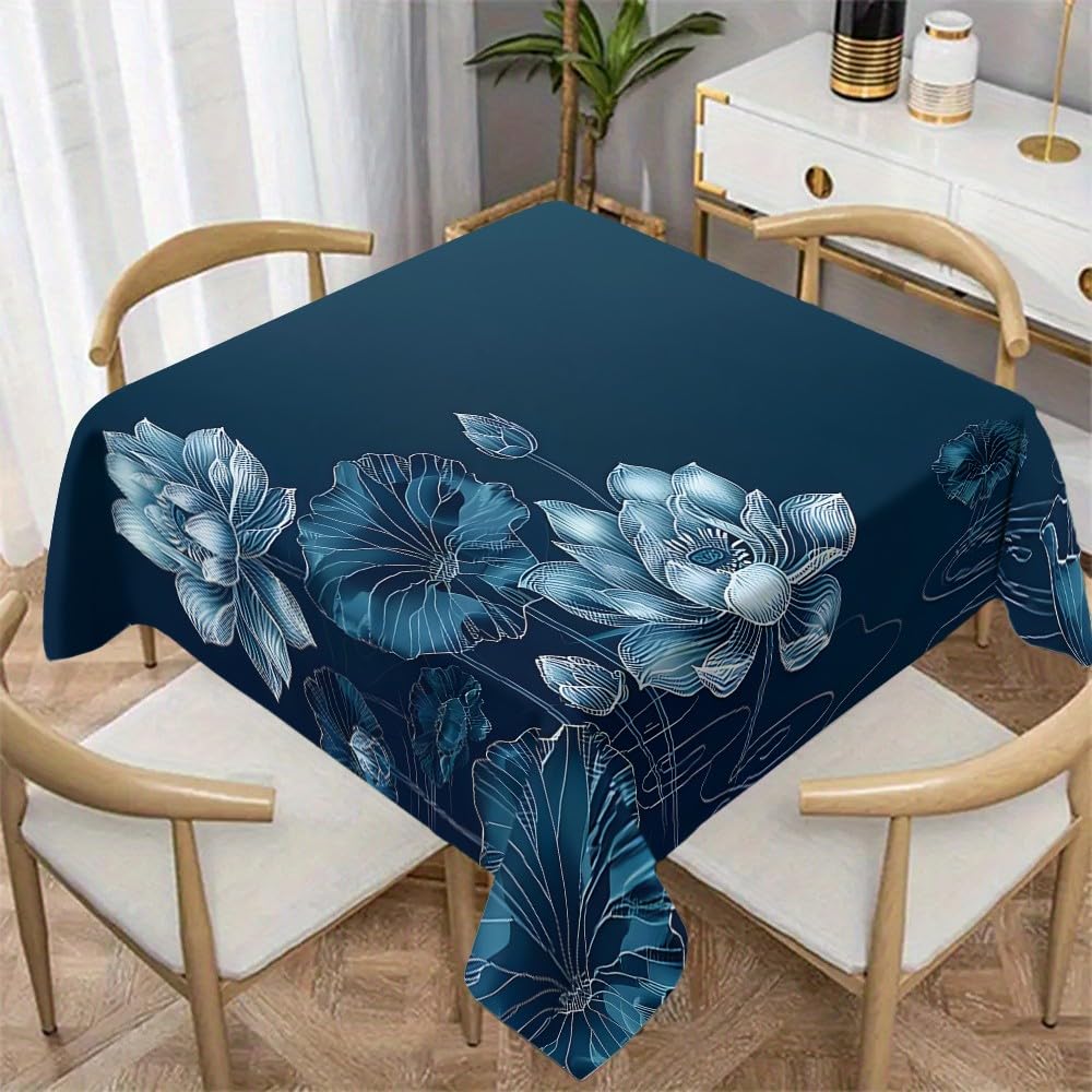 Lotus Bleu Nappe Motif Étang De Nénuphars, Nappe Carrée 200x200 cm Anti Tache et Imperméable, Linge de Table en Polyester Lavable, Floral Zen Oriental Décoration - G-421