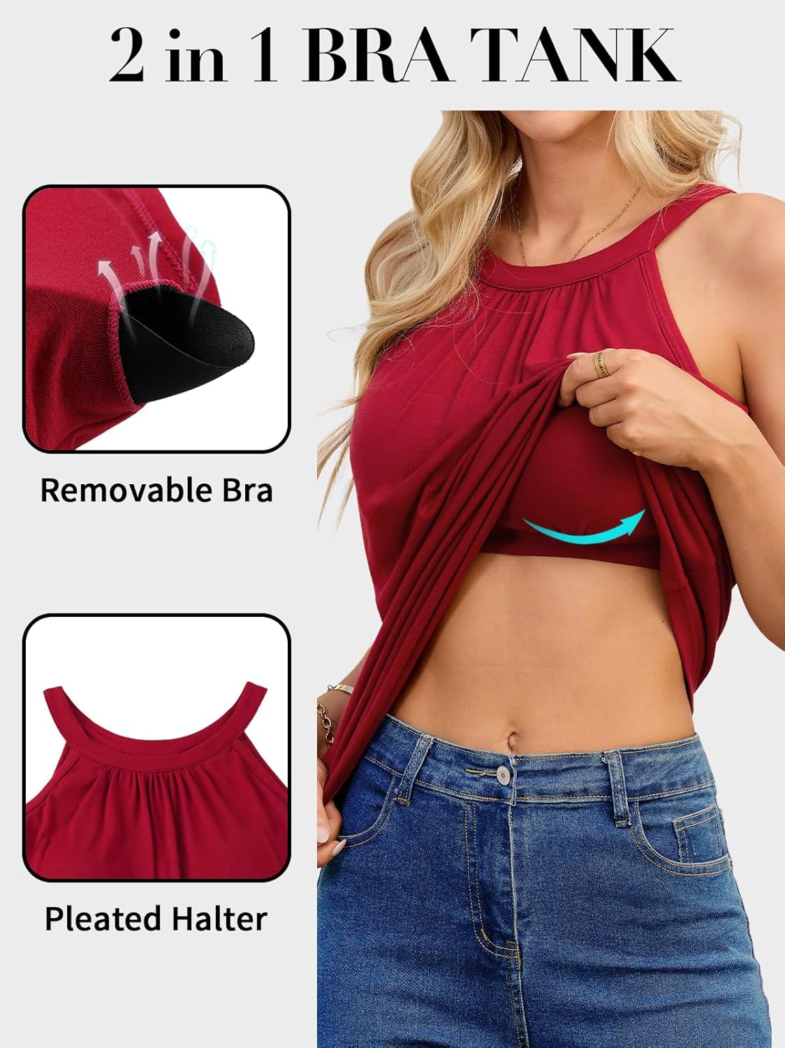 V FOR CITY Women's Halter Tank Top with Built in Bra Flowy Pleated Camisole Top Summer Sleevless Cami Shirt - Image 4