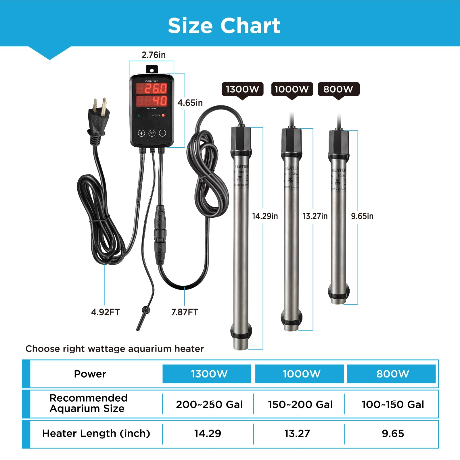 Titan-Aquarium-Heizung, 800 W, tauchfähiger Aquariumheizstrahler mit Digitalanzeige, Temperaturregler, 0 ℃ - 40 ℃ einstellbar, schnelle Erwärmung für 100 ~ 150 Gallen, Salzwasser, Süßwasser-Fischtank