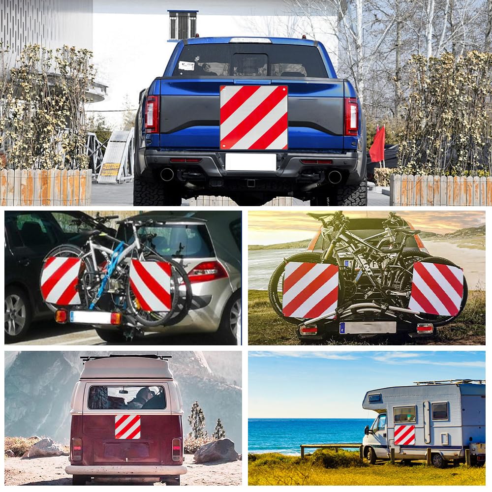 Panneau d'Avertissement Réfléchissant, 2 en 1 Panneau Avertissement Porte-Vélos 50x50cm Italie et Espagne avec 4 Nœuds de Corde pour Porte-vélos, Remorque Arrière, Voiture, Camping-car