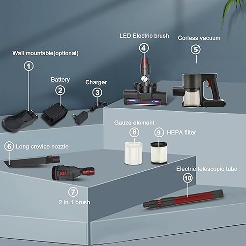 Miniatura 7 de Aspiradora inalámbrica, potente motor sin escobillas, aspiradora ligera 6 en 1, montaje en pared con pantalla LED y luz de mopa de motor para pelo