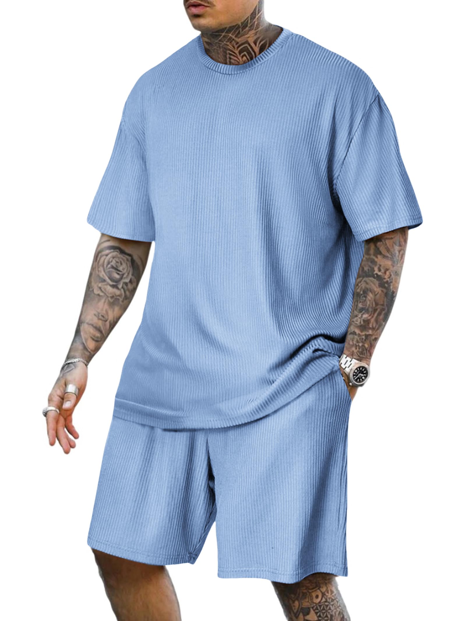 Lexiart Mens Casual 2 Piece Outfits-Short Sleeve Athletic Set Oversize T-Shirts Drawstring Tracksuit Set