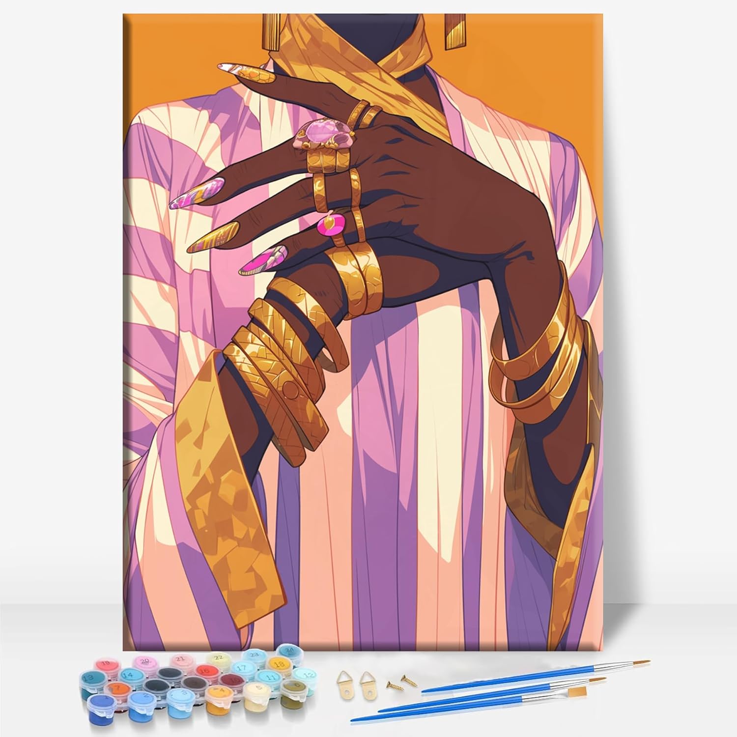 Aeontinity Gold Leaf Black Woman Black Framed Canvas DIY Paint by Numbers Kit Bar Cafe Cave Home Room Wall Bathroom Porch Patio Decor Gift, 16 x 12 Inch