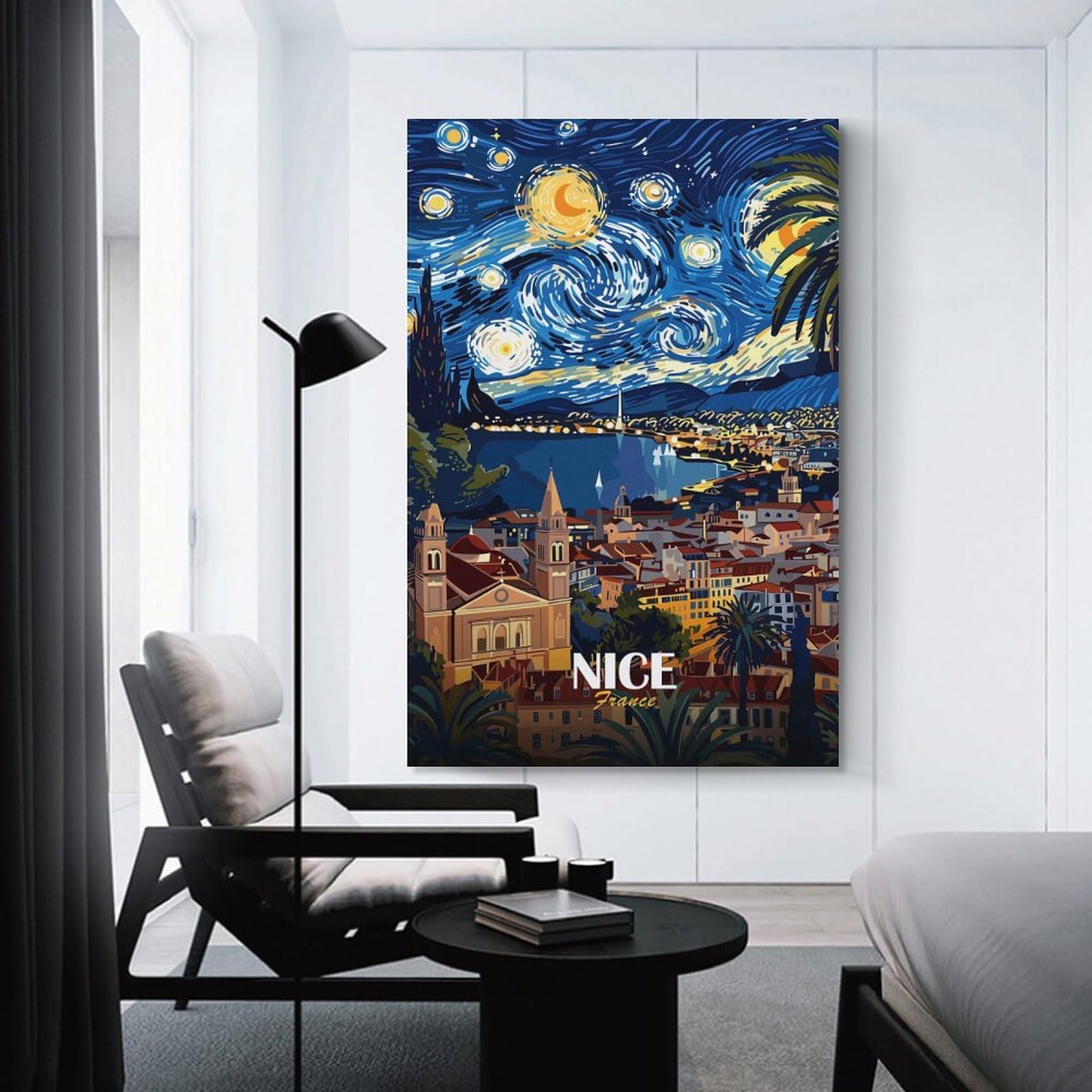 Junmoney Canvas Art Print Nice, France, Starry Night Inspired Art, 24x36inch(60x90cm), for Living Room, Bedroom Or Home Office, A Wall Art Gift for Fresh Interiors