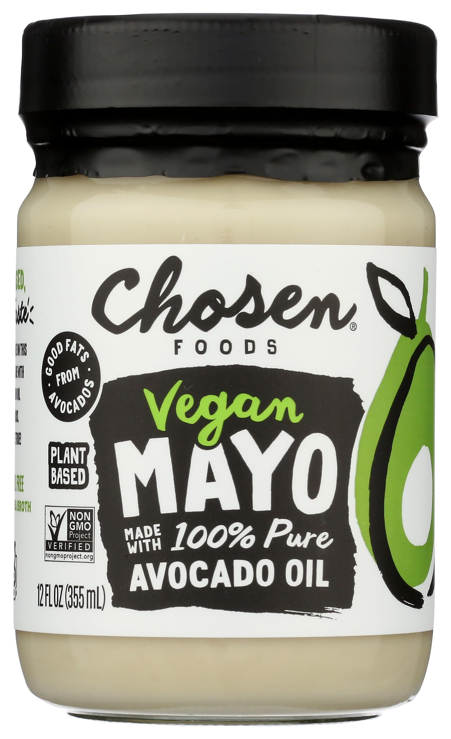Chosen Foods Classic Vegan Avocado Oil-Based Mayonnaise, Gluten & Dairy Free, Low-Carb, Keto Diet Friendly, Mayo for Sandwiches, Dressings and Sauces (12 fl oz)