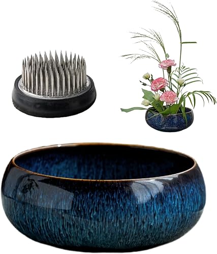 Water Lotus - Juego de maceta de tazón de compota japonesa con rana floral de 1.8 pulgadas, ideal para Ikebana, arreglo floral y plantación Azul