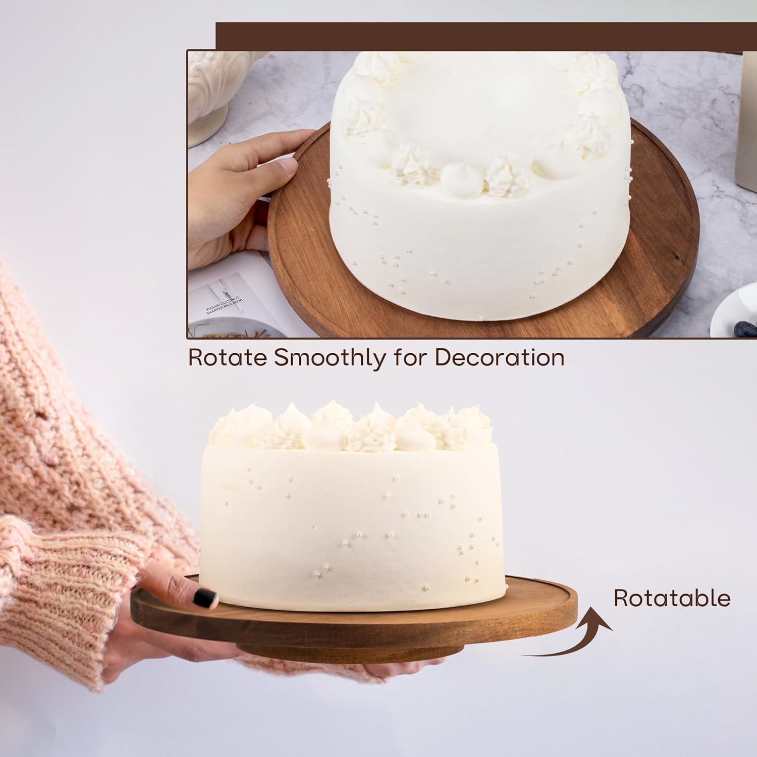 NWK Rotating Cake Stand with Acrylic Dome 11 Inch Acacia Wood Cake Turntable with clear cover for Birthday, Wedding, Party.