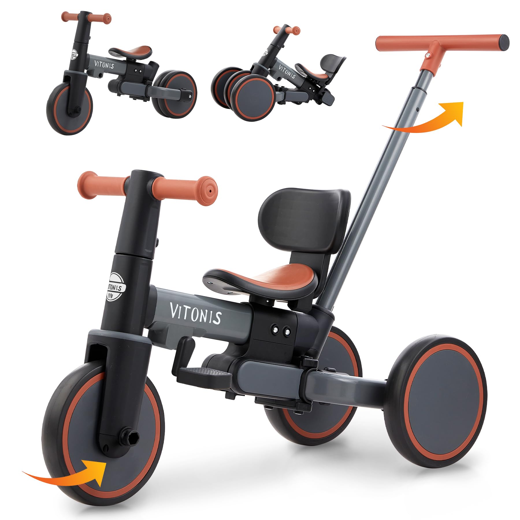 VITONIS bicicletta senza pedali da 1 anno, triciclo 5 in 1 con barra di spinta per bambini, girello per bambini da 1 a 4 anni Regali e giocattoli(grigio)