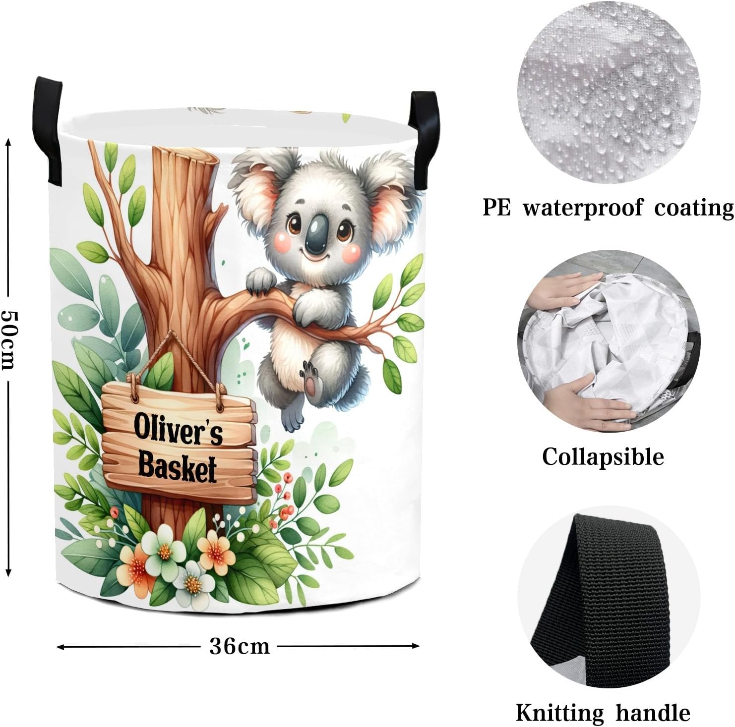 Koala Tree Laundry Hamper, Personalized Waterproof Laundry Basket with Name, Customized Clothes Storage Organizer Gift for Boys Girls Room, Bedroom, Bathroom