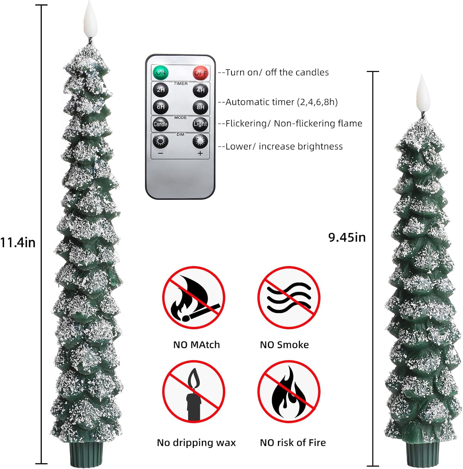 MUMCHASI 4 Pcs Flameless Taper Candles, Christmas Tree Candles with Remote, Battery Operated Candlesticks, Flickering LED Window Candlelights Real Wax Christmas Candlesticks H9.45,11.4”Green