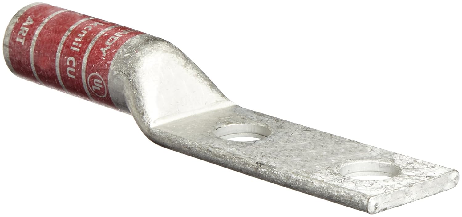 Burndy YA312N Two Hole Hylug Code Conductor Long Barrel Copper Compression Terminal, 350 kcmil Conductor, 1/2 Stud Hole Size, 1-3/4 Stud Hole Spacing, 1.29 Tongue Width, 5.68 Length,Red