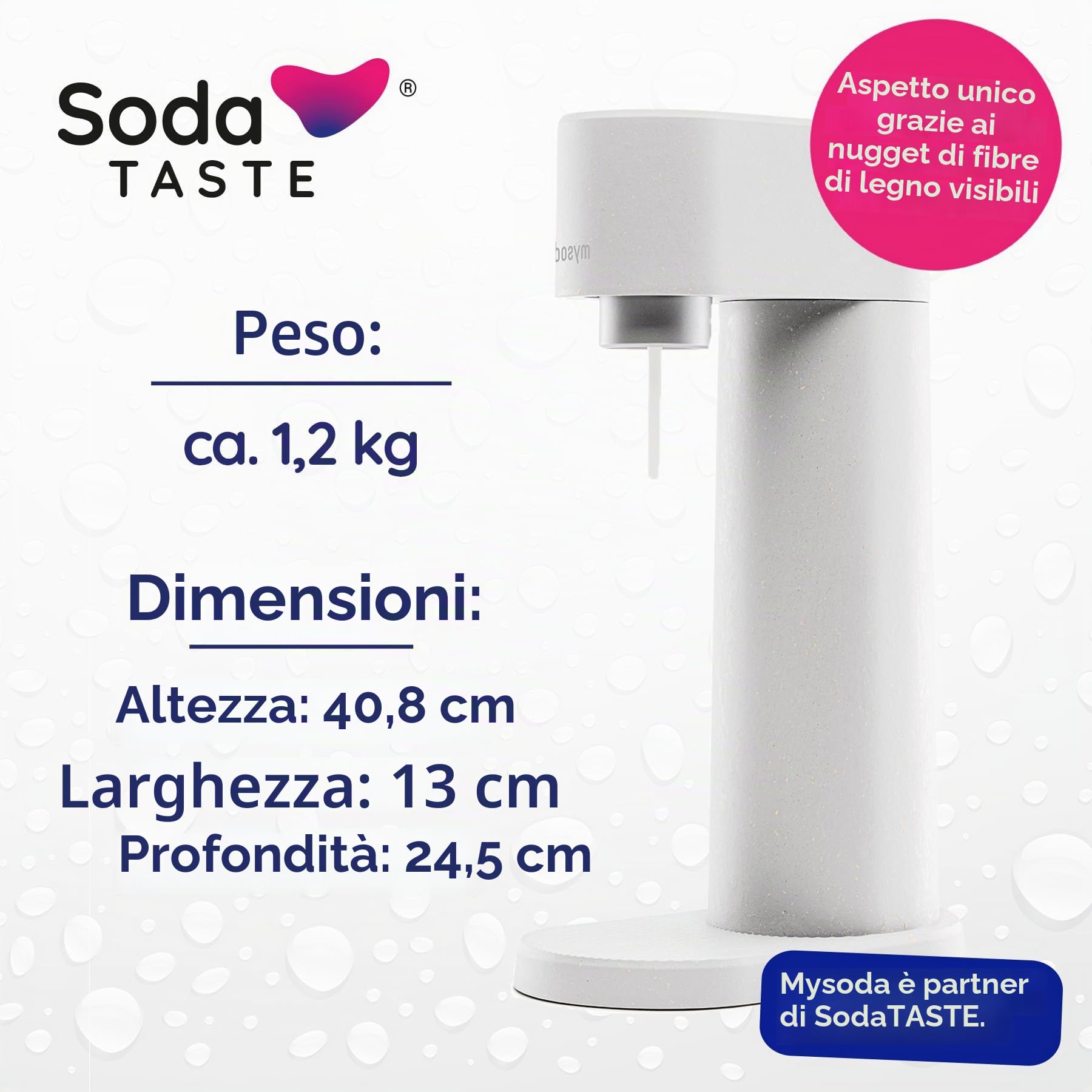 Pacchetto risparmio: Mysoda Woody – Gorgogliatore in composito di legno rinnovabile con bottiglia di plastica senza BPA, cilindro CO2 Classic + cilindro CO2 mela (bianco)