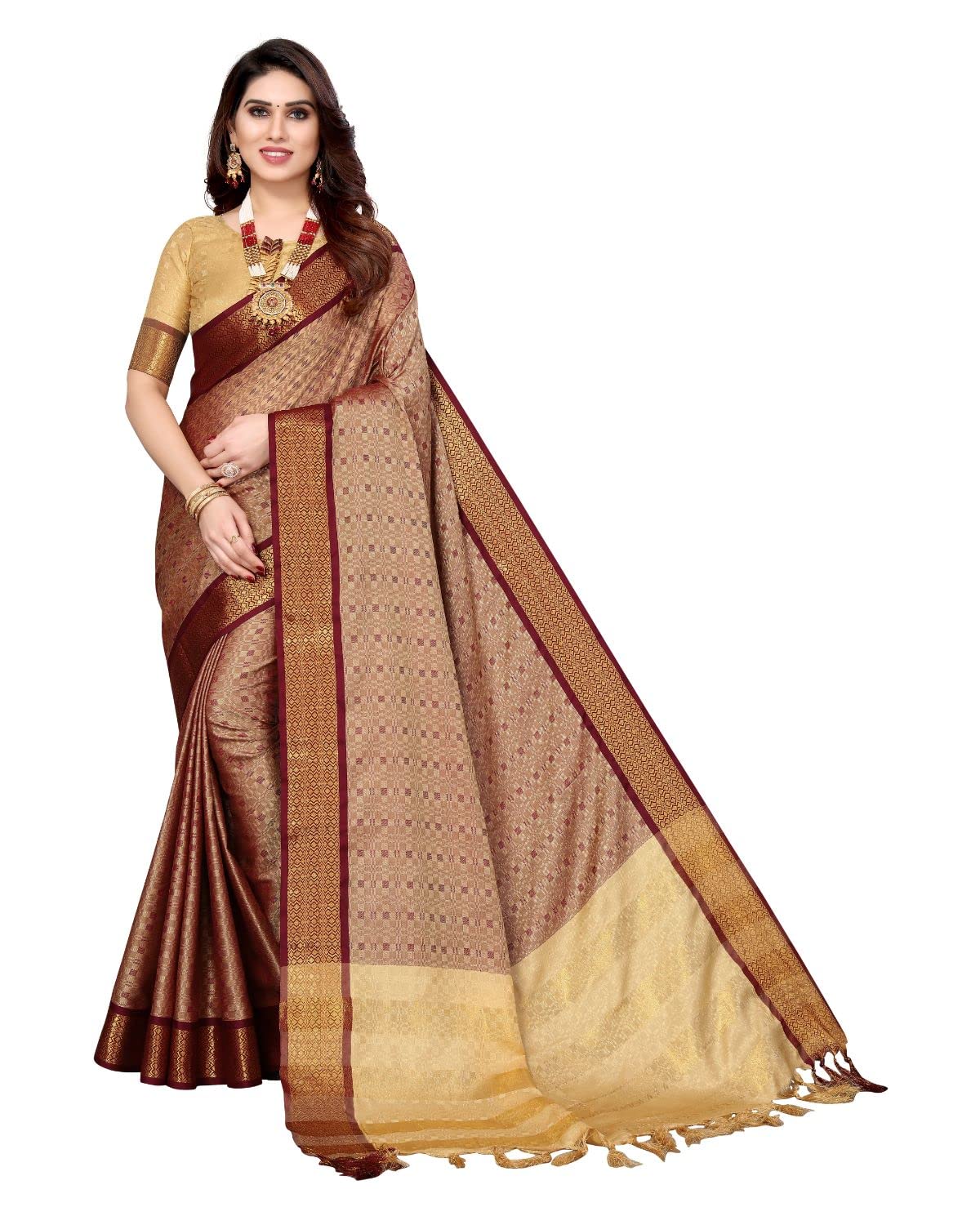 Tarshika Women's Cotton Silk Handloom Weaving Silk Saree With Rich Contrast Pallu, Chiku_1, Free Size