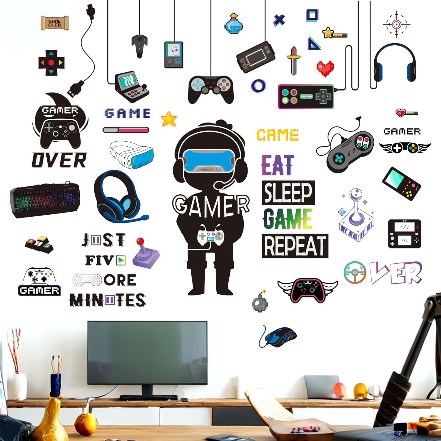 Gamer Wall Stickers - Controller Eat Sleep Games Joystick Video Gaming Wall Decals - Boys Bedroom Playroom Baby Kids Room Wall Decor