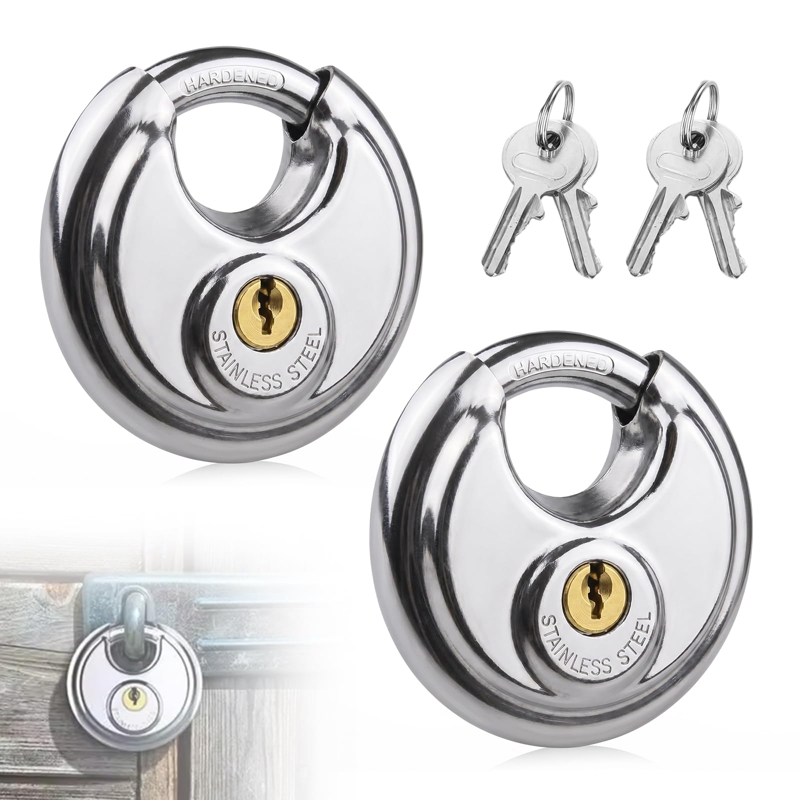 2PCS Heavy Duty Disc Lock, 80MM Stainless Steel Disc Padlock with Keys, Waterproof Locker Padlocks for Storage Unit Sheds Garages Gym Fence