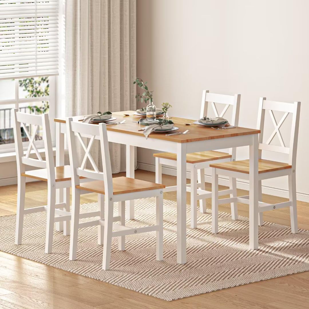 SDHYL Dining Table Set 42.5 inch Wood Dining Table Set with 4 Chairs / 5 Piece Set, for Breakfast in Living Room, Kitchen Room, Dining Room (White