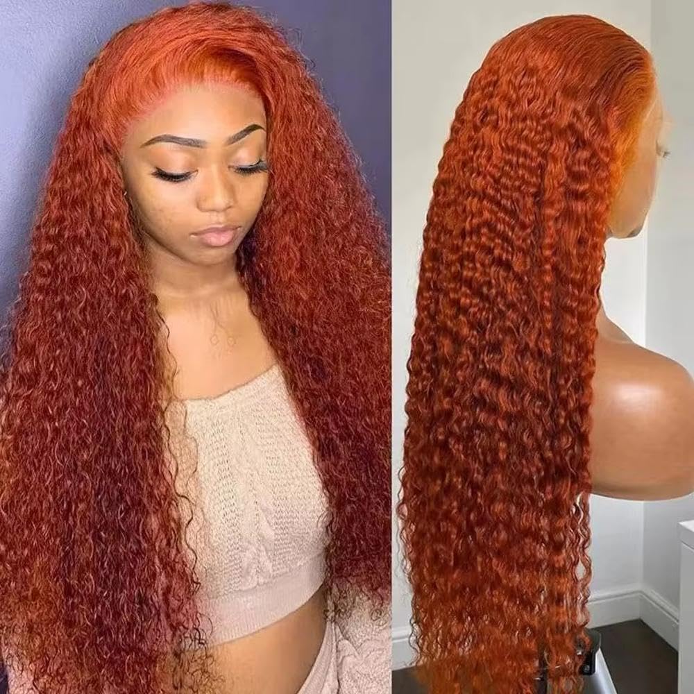 Haarpflege Ingwer Orange Blonde Farbe Lange Tiefe Lockige 13X4 Spitze Vorne Perücke Für Frauen Vorgezupft Bleach Cosplay