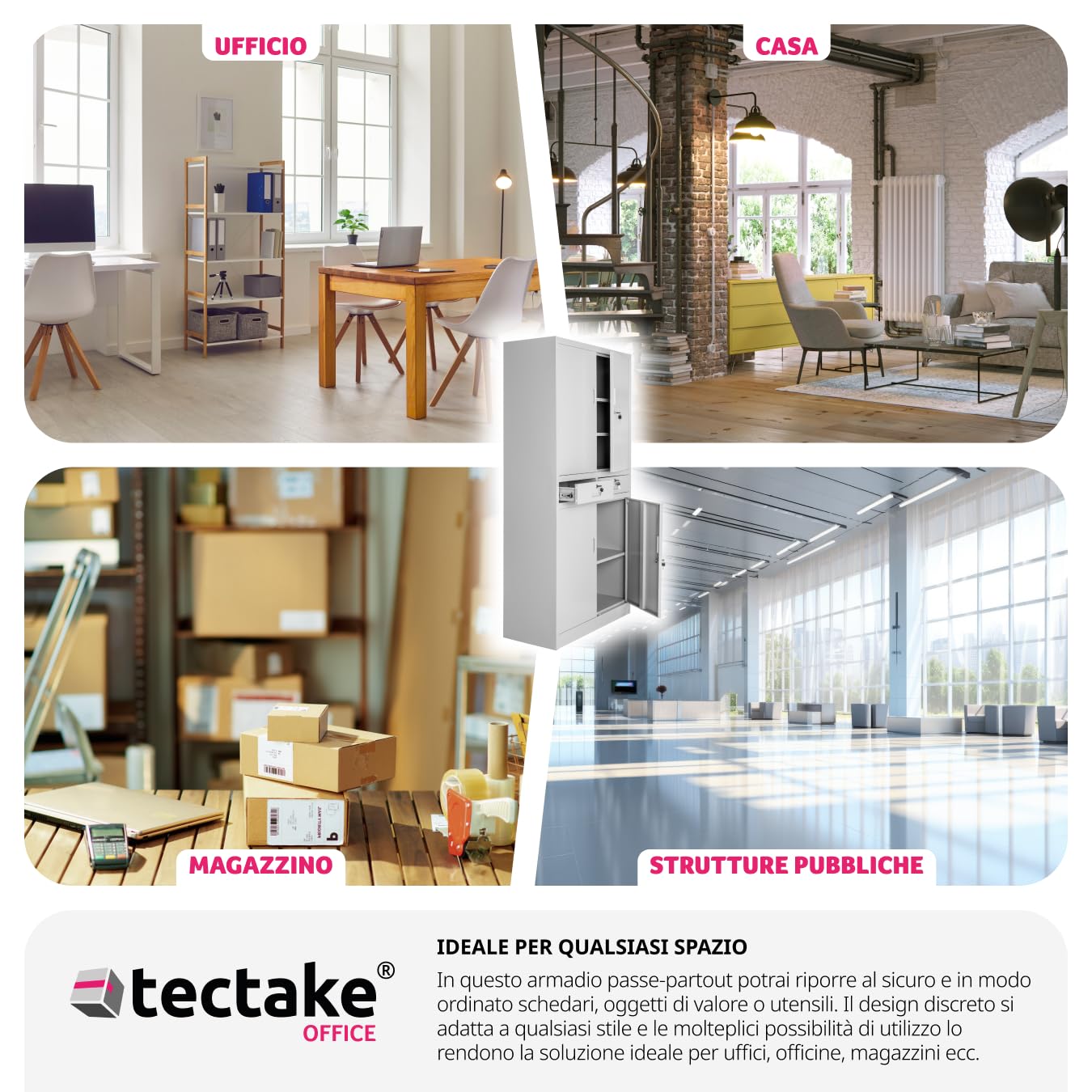 tectake® Armadio Portadocumenti 180x80x40cm, 5 Scomparti e 2 Cassetti, Armadio con Ripiani Regolabili, Ante a Battenti Rinforzate, Chiusura con Serratura a Cilindro - Grigio Chiaro