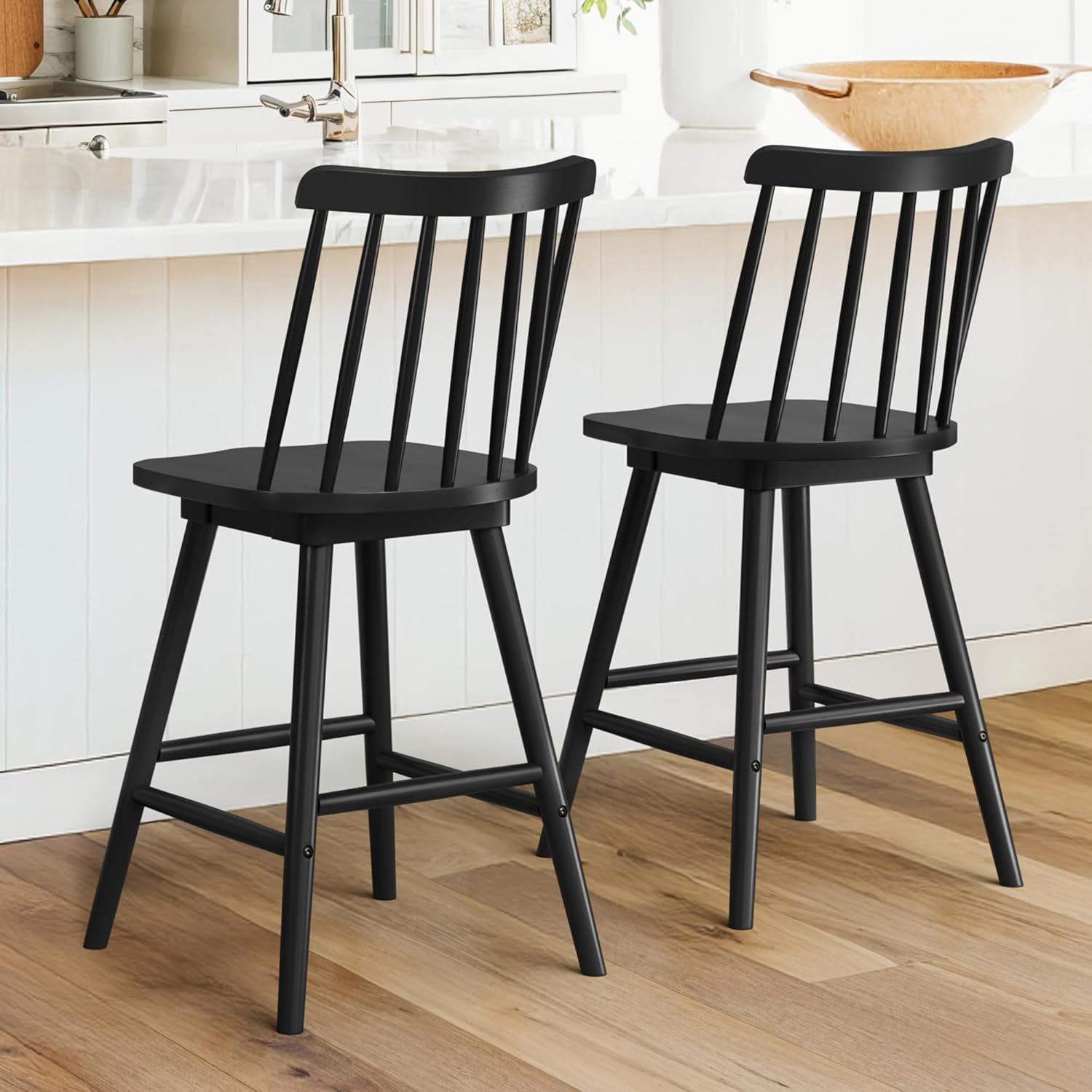 LUE BONA 360° Swivel Bar Stools Set of 2, Black Windsor Barstools, Counter Height Barstool with Spindle Back, 24 inch Farmhouse Wooden Counter Stools for Kitchen Island, Pub, Bistro, Cafe, Dining Room