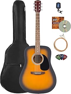 Fender Guitarra acústica Dreadnought de la serie FA, paquete de 2 colores Sunburst con estuche, afinador, cuerdas, púas y DVD instructivo de Austin Bazaar