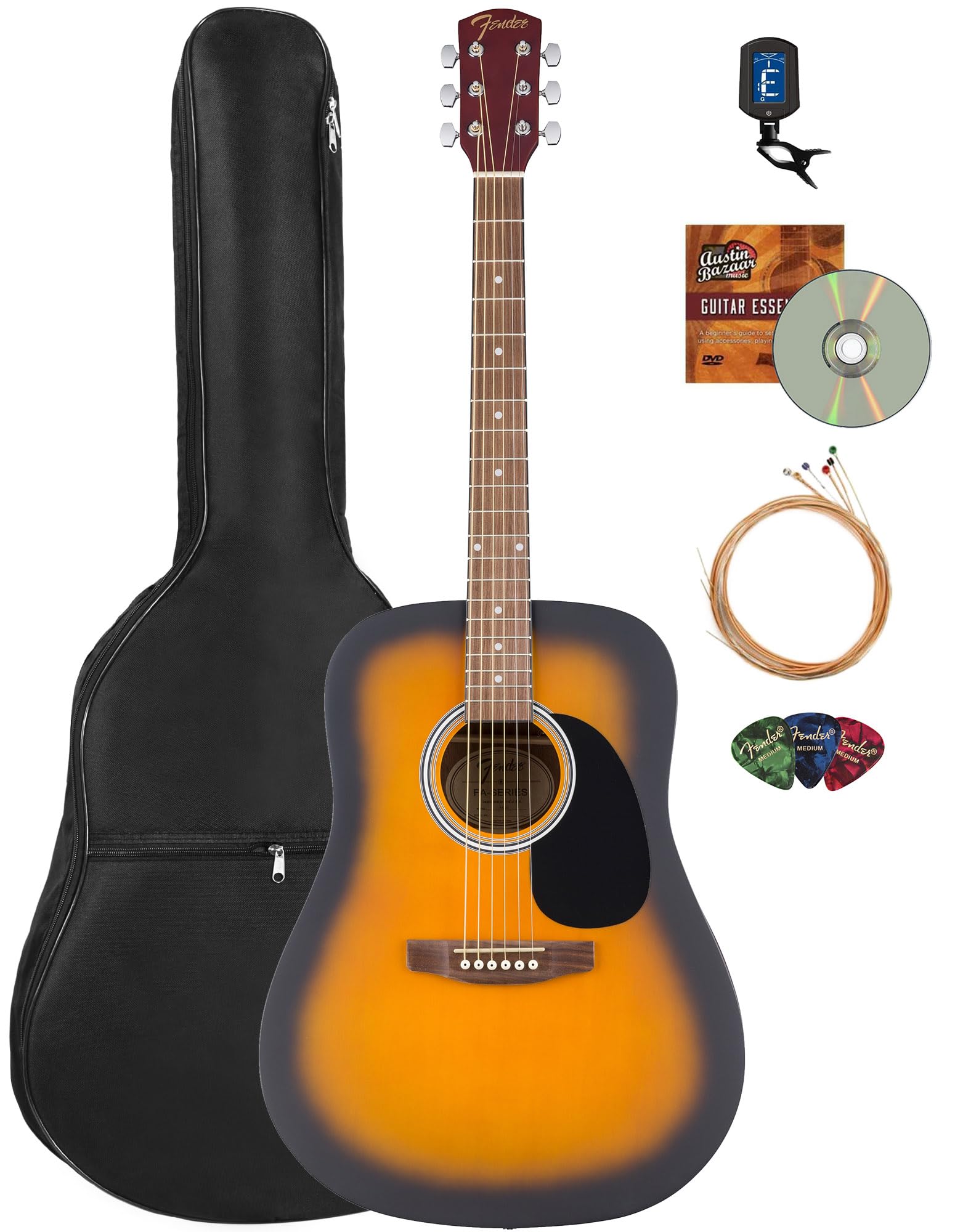 Fender FA Series Dreadnought Acoustic Guitar - 2-Color Sunburst Bundle with Gig Bag, Tuner, Strings, Picks, and Austin Bazaar Instructional DVD