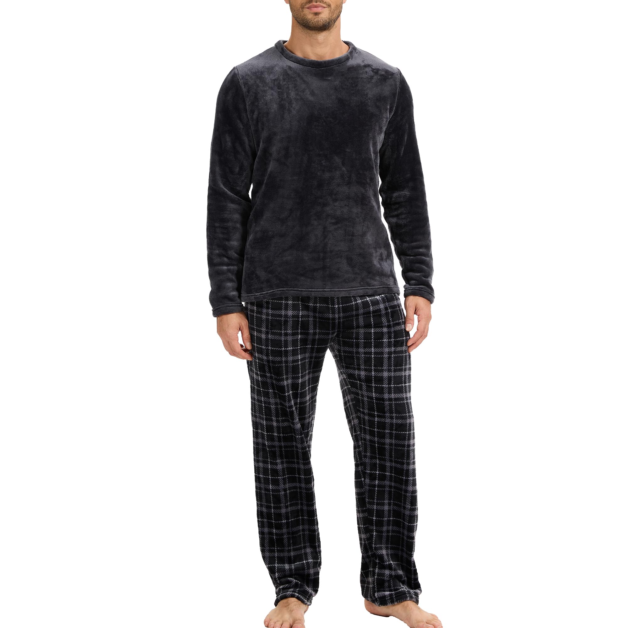 The Essentials Wardrobe Mens Fleece Pyjama Set Heavy Fleece Cosy Long Sleeve T-Shirt & Bot...