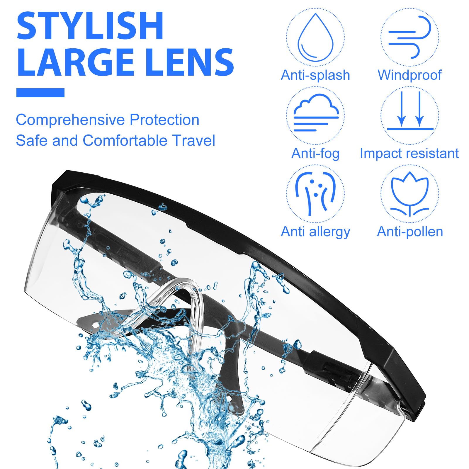 Copkim 64 pares de anteojos de laboratorio a granel para clase científica, gafas de seguridad sobre gafas, gafas protectoras antivaho para hombres, mujeres y niños (azul, negro)