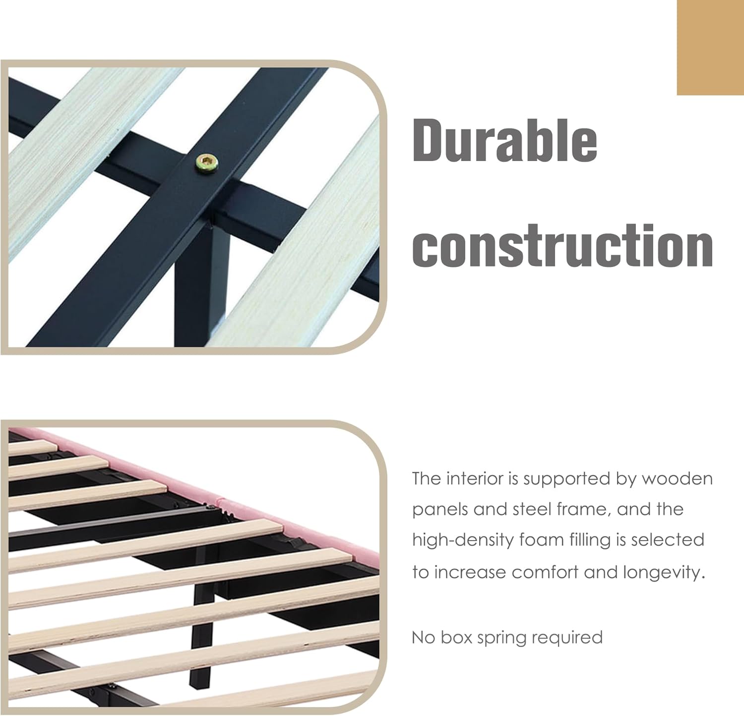 Close-up of bed frame durable construction with metal frame and wooden slats